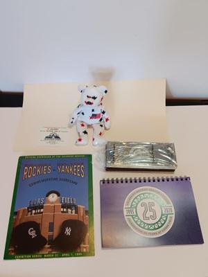 Colorado Rockies Memorabilia Rockies VS Yankees scorecard, 25 year calendar - Glory bear and ticket case