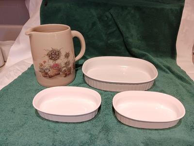 Corning ware dishes and a Vintage Yesteryears hand painted vase Marshall Texas