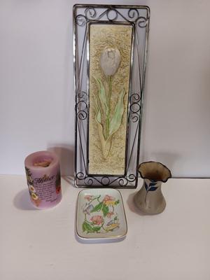 Metal framed tulip wall art with Mother candle a signed pottery vase and a Ben Rickert China dish