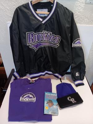Colorado Rockies Pullover with hat and t-shirt and a Mickey Mantle book on tape