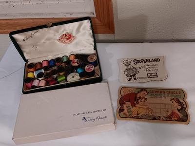 Velvet Princess box with thread, vintage sewing needles and paper cover
