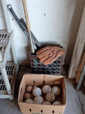 Baseballs and Softballs with bats and tall crate perfect to hold your bats!