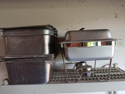 Stainless steel sterno dual burner heat warming pan with lid and inserts.