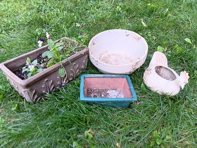 Cute Flowerpots - with pansies, adorable chicken pot