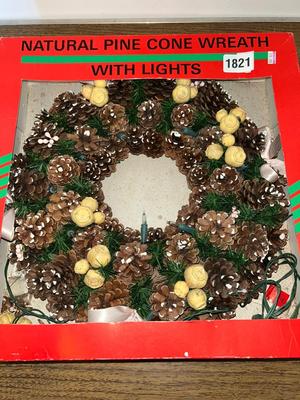 Natural pine cone wreath with lights