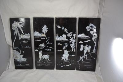 Set of 4 Asian Lacquered Wall Art with Mother of Pearl Detailing
