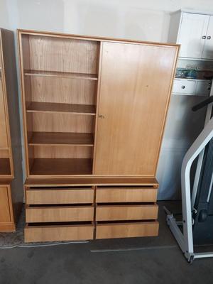 MID-CENTURY WALL UNIT WITH 6 DOVETAILED DRAWERS, OPEN SHELVING AND SHELVES BEHIND A CABINET DOOR