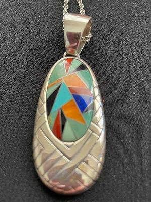 RELIOS STERLING PENDANT AND CHAIN W/MULTI STONE INLAY