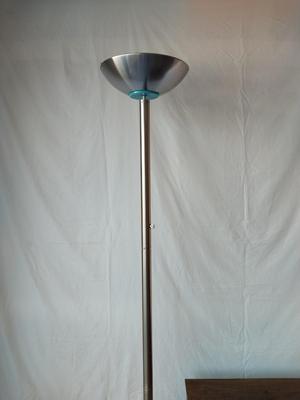 CHROME END TABLE WITH WOODEN TOP AND CHROME FLOOR LAMP