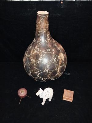 LARGER GOURD VASE, 2 SMALL WOOD PIECES AND A CARVED STONE ANIMAL