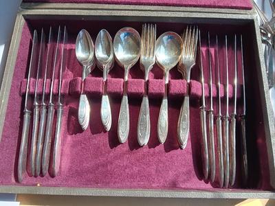 Beautiful "M" engraved Community plate silverware set with serving utensils W.M. Rogers & Son AA 1910
