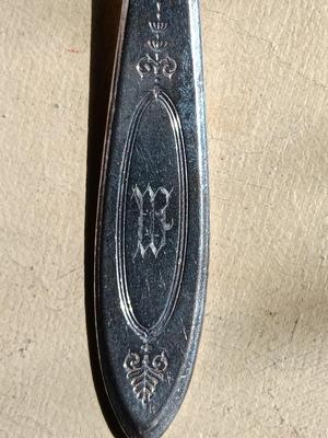 Beautiful "M" engraved Community plate silverware set with serving utensils W.M. Rogers & Son AA 1910