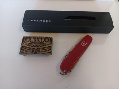 Rainbow metals hand cast solid Bronze buckle with Levenger ink pens and Officier Suisse knife