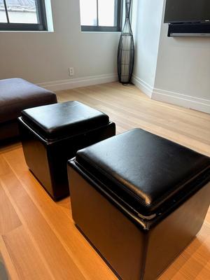 Crate&Barrel Stow 17" Black Leather Storage Ottomans