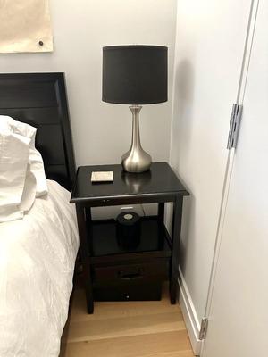 Solid Wood 20 in. Wide Rectangle Side Table in Black; Table Lamp in Silver Finish