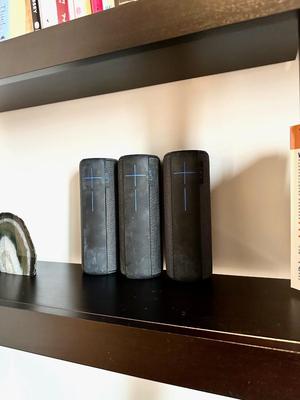 Black Desk with Bookcase + Chair; Bluetooth Speakers