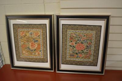 Set of 2 Vintage/Antique Chinese Floral Silk Embroidery, Framed & Matted