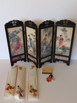 Oriental Miniature 4 Panel Folding Screen / Dollhouse Miniature Geisha Room Divider With chop sticks and other Asian themed Collectibles.