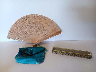 Silk Asian coin bag with Vintage Japanese Japan Carved Open Work Filigree Wood Fan Sensu