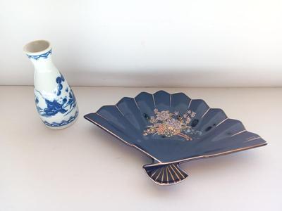 Ceramic Peacock Trinket Fan w/gold trim, Made in Japan with Japanese Sake Bottle -Butterfly Chasing Karaoke Brothers in blue print