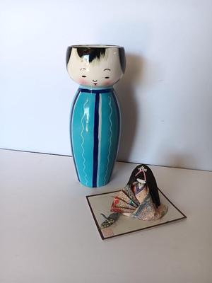Painted Asian boy vase with Signed traditional Japanese Kimekomi craft doll