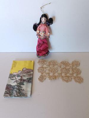 Vintage Lillian Vernon? Oriental Geisha blown glass 7.5" Doll Ornament and Silk cloth checkbook case