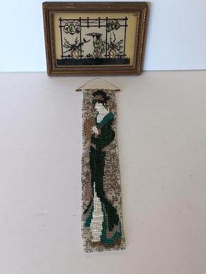 Beautiful, beaded Geisha girl artwork with BE-1 "Lantern Garden in Japan" framed art