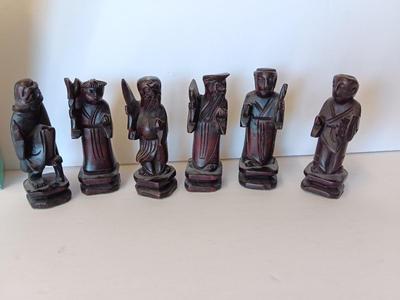 Set of Six Chinese Rosewood/Boxwood Carved Figure handcrafted solid wood Figures