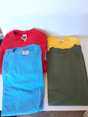 Three brand new!  colorful unisex Anvil pre-shrunk Size Medium T-shirts and a Red Sweatshirt