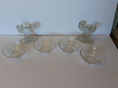 Anchor Hocking Queen Mary Clear Glass Double Taper Candle Holders and four Clear Federal Glass Fruit bowls (1 of 3)