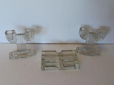 Vintage clear glass display / pen holder with Pair of two Anchor Hocking Queen Mary Clear Glass Double Taper Candle Holders