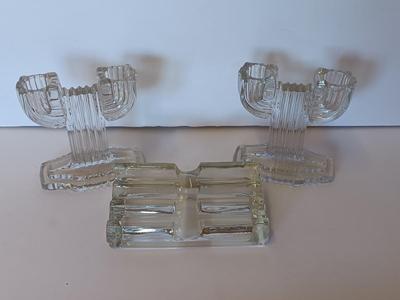 Vintage clear glass display / pen holder with Pair of two Anchor Hocking Queen Mary Clear Glass Double Taper Candle Holders