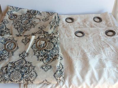 Two sets of 64" long Drapes / Curtains with metal rod rings