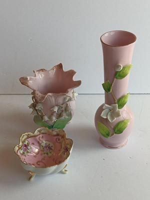 Vintage Lefton China hand painted vase with other dainty porcelain collectibles