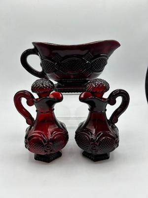 Vintage Avon 1876 Cape Cod Collection Ruby Red Glass Cruet Bottles and Sauce Gravy Boat 1970s
