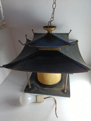 Vintage Metal 1970s Pagoda Chandelier hanging light Mid-century collectible!