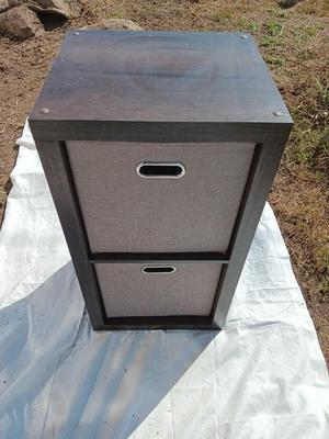 Two cubby Shelving unit with fabric boxes for storage