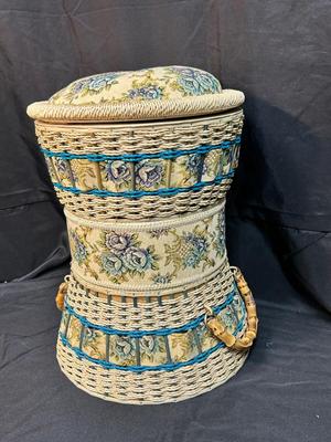 Retro Vintage Triple Stack Three Tier Wicker Sewing Basket Stool Ottoman with Handles Japan