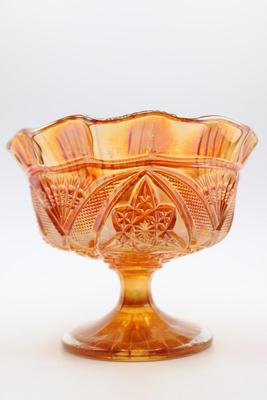 Vintage Brockwitz Carnival Marigold Orange Glass Curved Star Zurich Pattern Mid Century Open Lid Compote