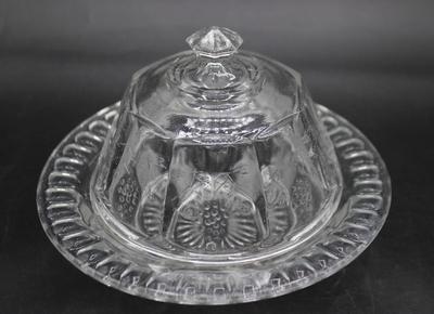 Vintage Clear Glass Grapes Motif Design Round Dome Covered Butter Serving Dish