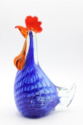 Vibrant Murano Style Hand Blown Art Glass Blue & Orange Farm Rooster