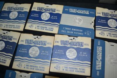 LOT 43. VINTAGE VIEW MASTER, SLIDE VIEWER AND WOOD BOX