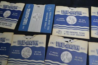 LOT 43. VINTAGE VIEW MASTER, SLIDE VIEWER AND WOOD BOX