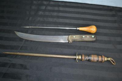 LOT 60. KNIFE, AWL AND KNIFE SHARPENER