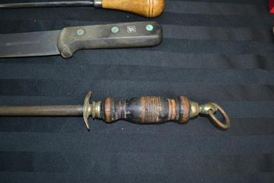 LOT 60. KNIFE, AWL AND KNIFE SHARPENER