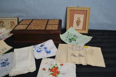 LOT 67. WALL DECOR, VINTAGE WOOD BOX AND HANDKERCHIEFS