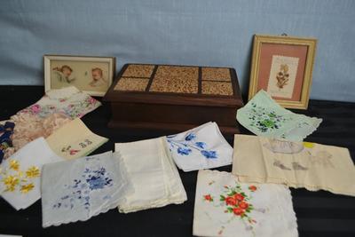 LOT 67. WALL DECOR, VINTAGE WOOD BOX AND HANDKERCHIEFS