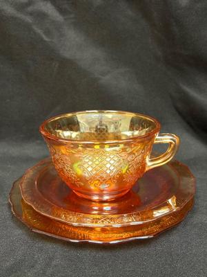 Vintage Normandie by Federal Glass Marigold Carnival Iridescent Teacup and Saucer Set