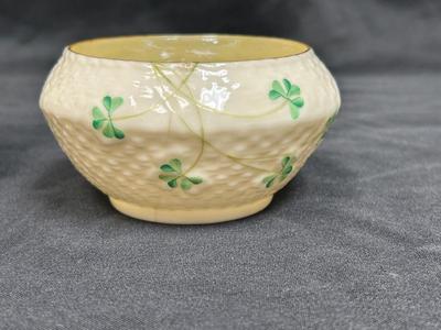 Vintage Belleek Basketweave Clover Shamrock Pattern Cream and Open Sugar Bowl Green Label