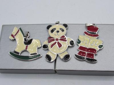 Lot of Vintage Wallace Silversmiths Christmas Cookie Ornaments Panda, Rocking Horse, & Carol Singer
